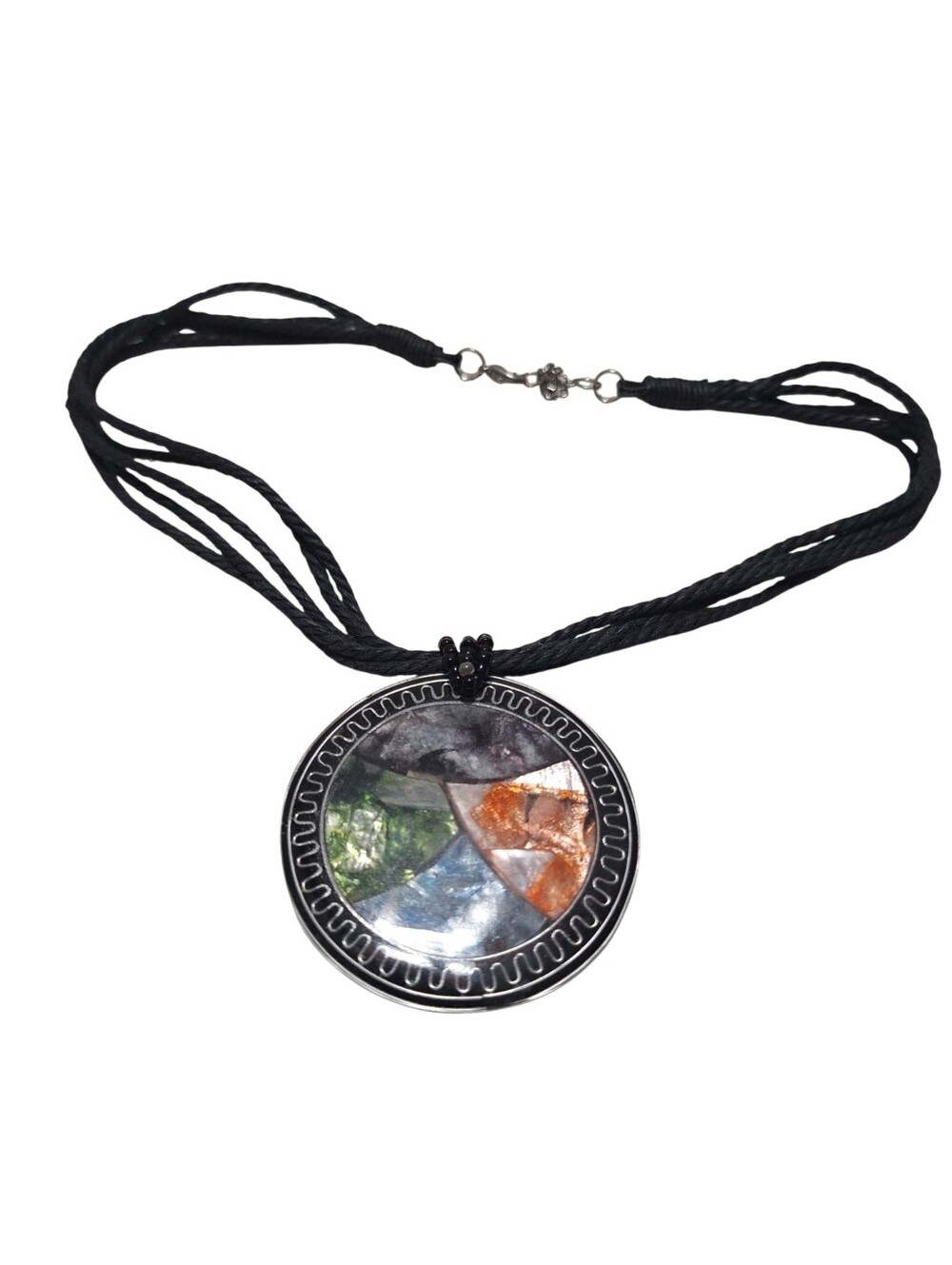 Black Corded Large Round Pendant Necklace Bohemian Statement Piece ARTSY TEACHER
